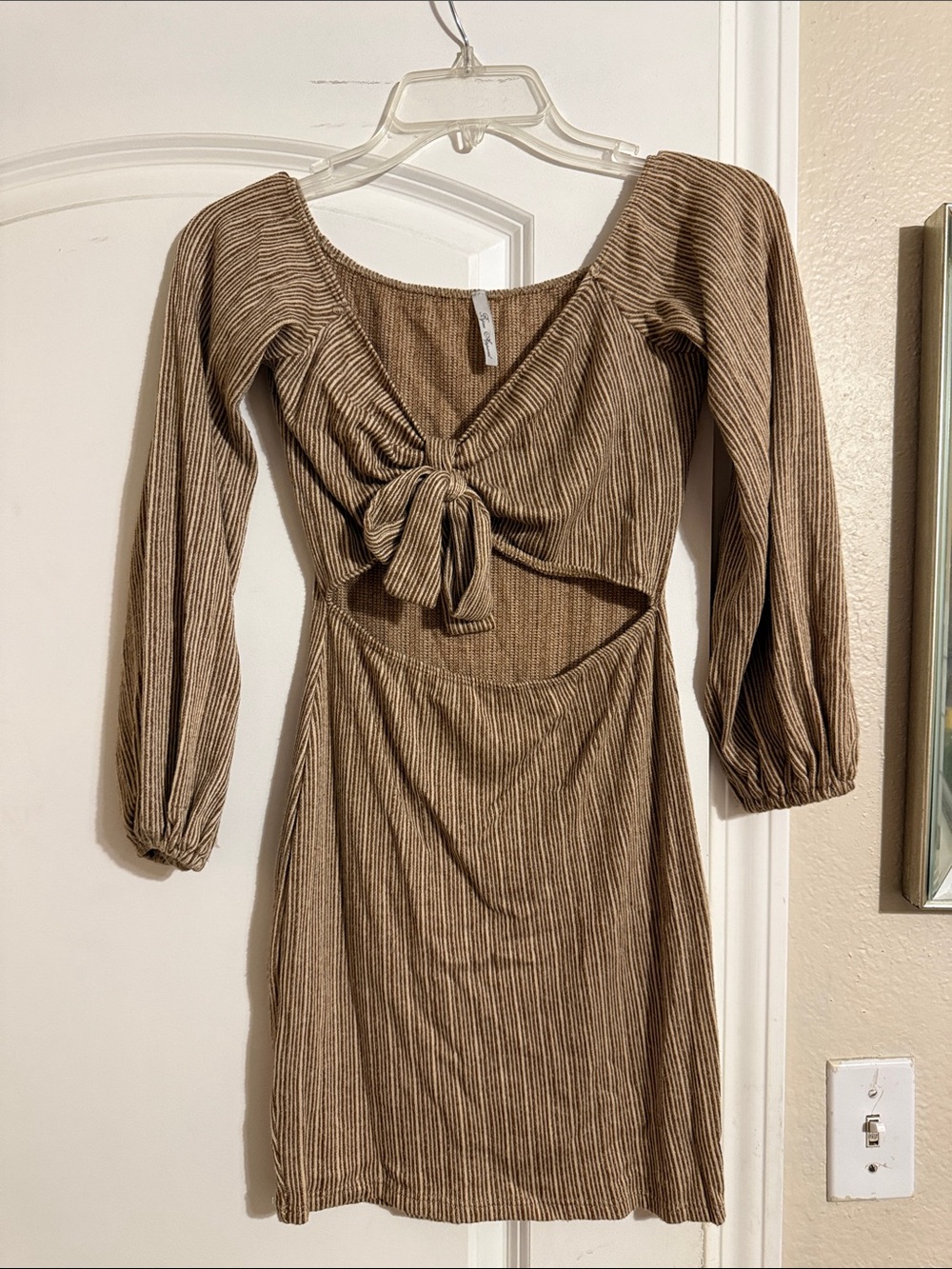 Long Sleeve Tie-Front Mini Dress in Brown